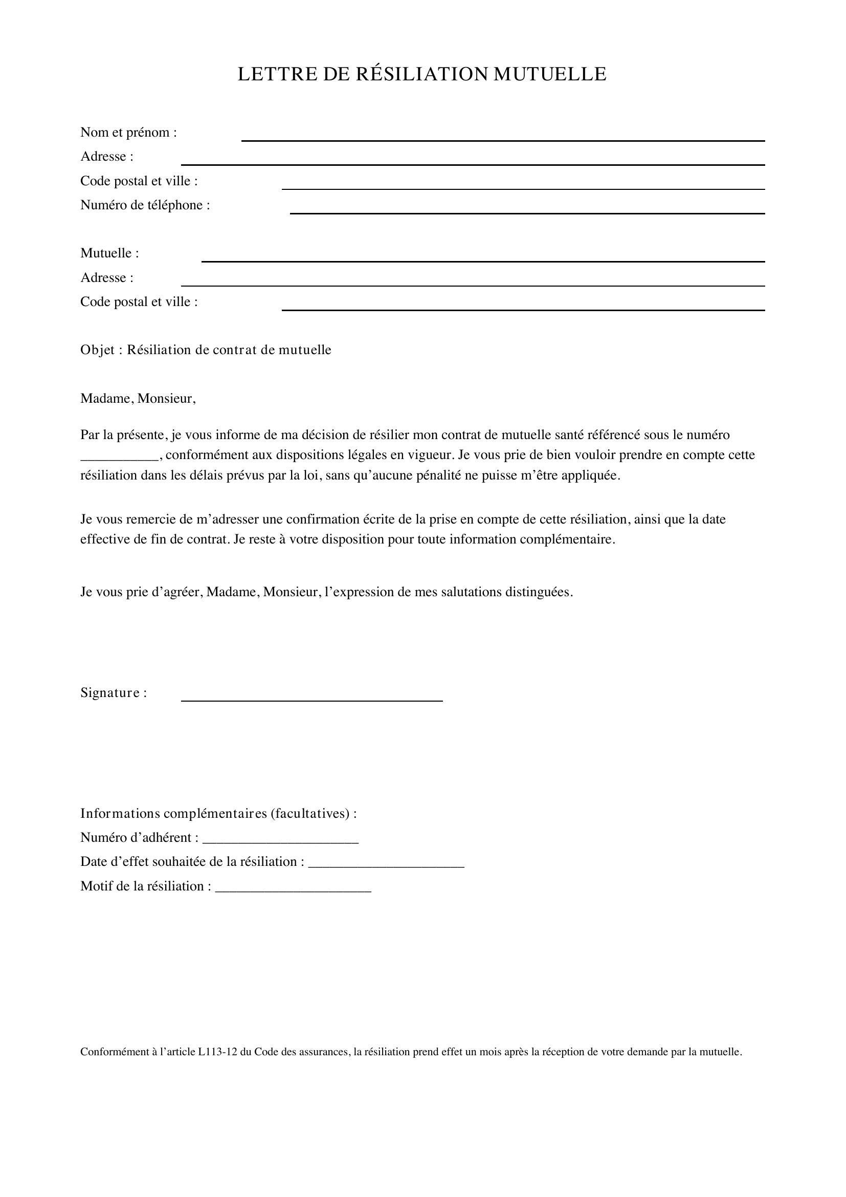 Modèle Lettre Résiliation Mutuelle