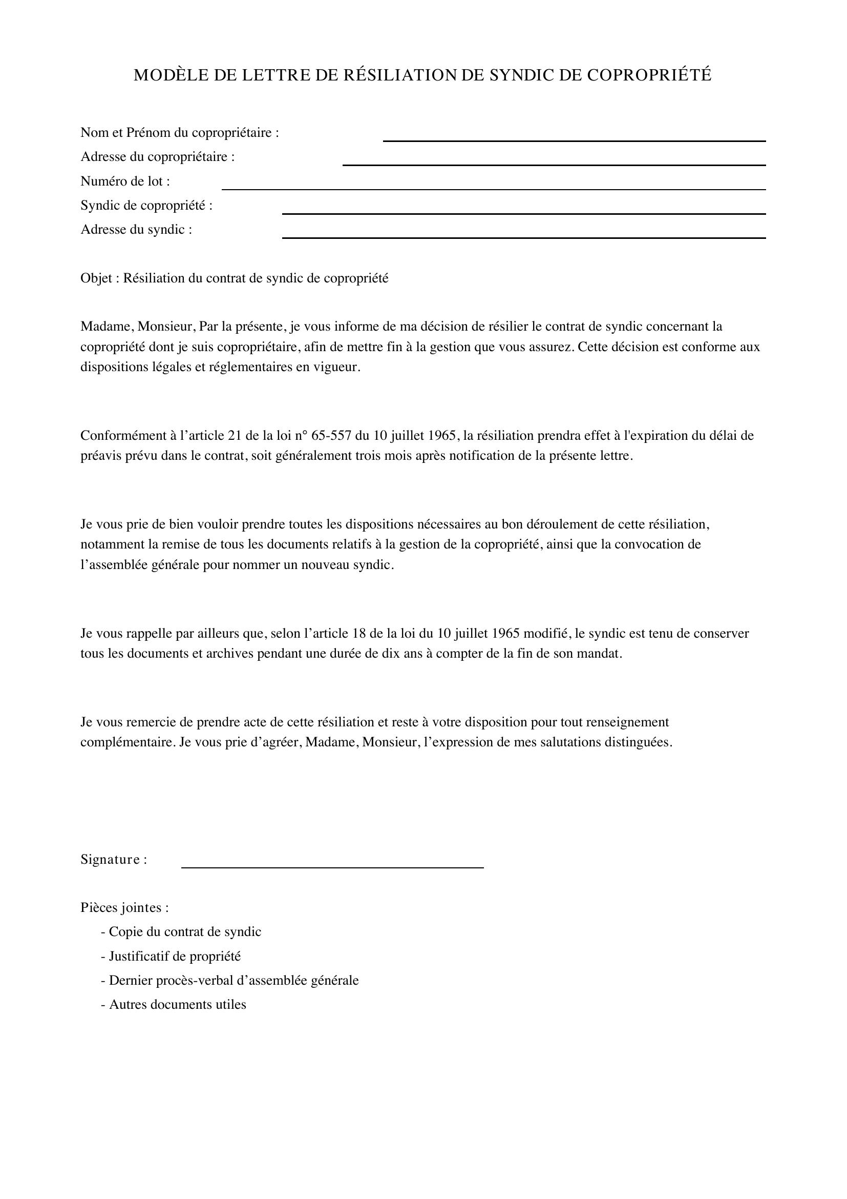 Modèle Lettre Résiliation Syndic De Copropriété