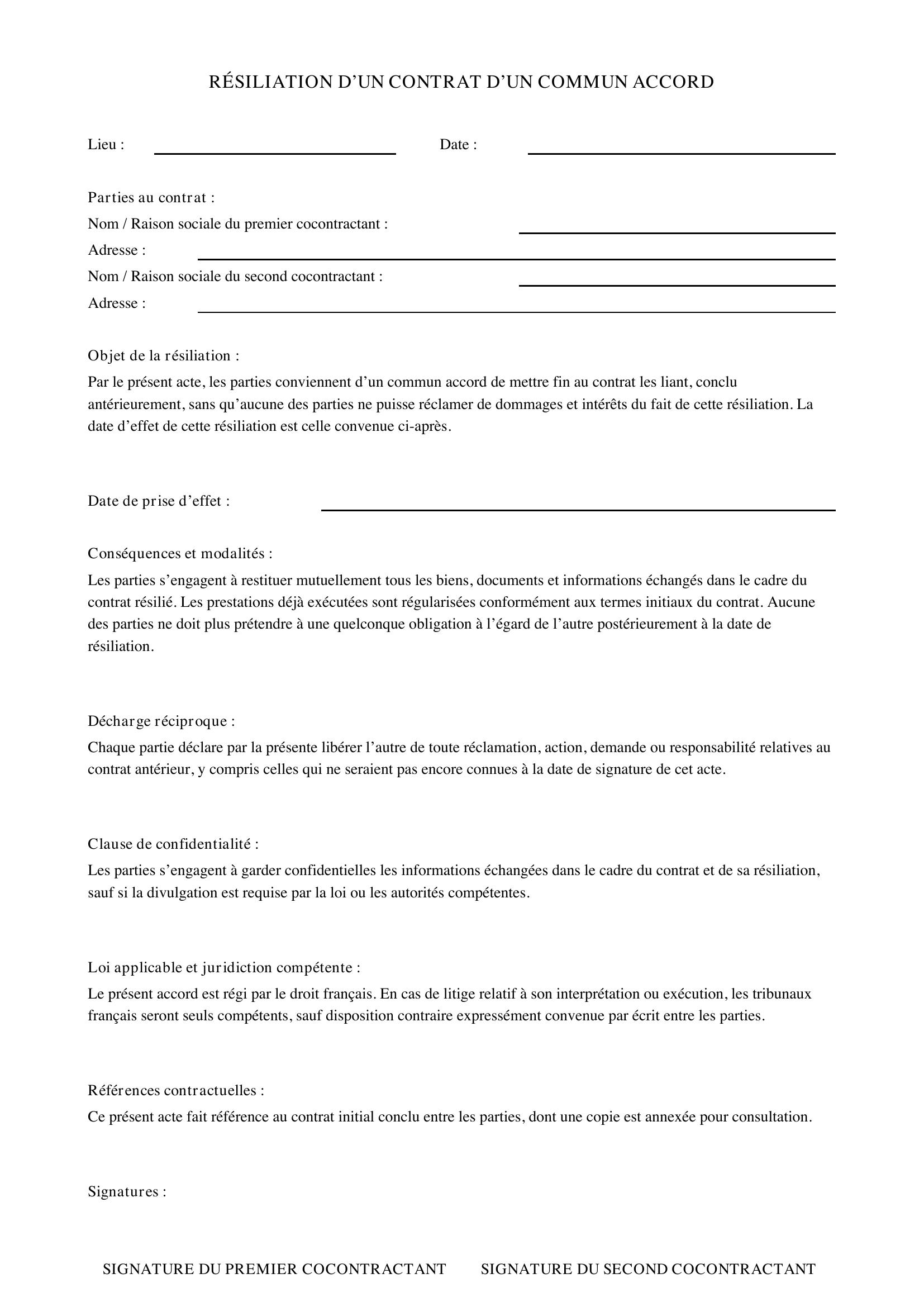 Résiliation D'Un Commun Accord Modèle